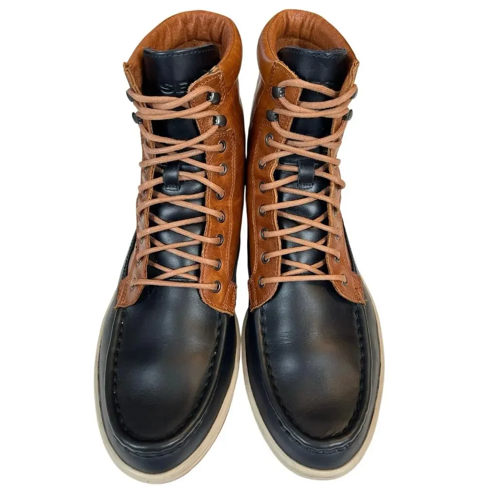 Diesel Tatradium Club Tatra Leather Boots Mens 12 Brown Navy Blue Moc Toe Y00839